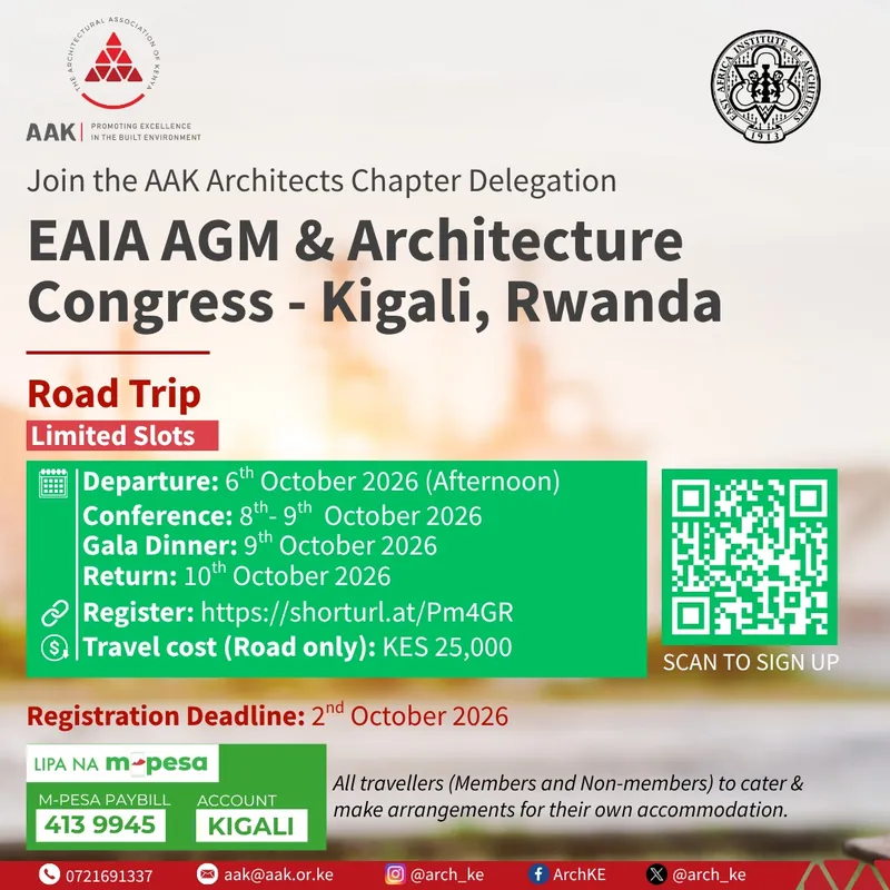 Poster for the AAK Architects Chapter road trip to the EAIA AGM & Architecture Congress in Kigali, 6 to 10 October 2026
