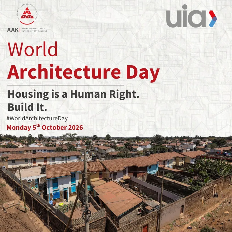 World Architecture Day 2026 poster: Housing is a Human Right. Build It., over an aerial photo of a Kenyan housing estate