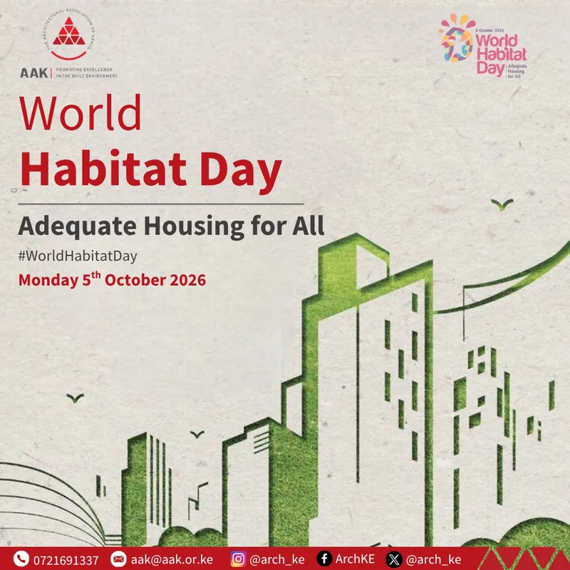World Habitat Day 2026 poster: Adequate Housing for All, with a green city skyline cut from paper