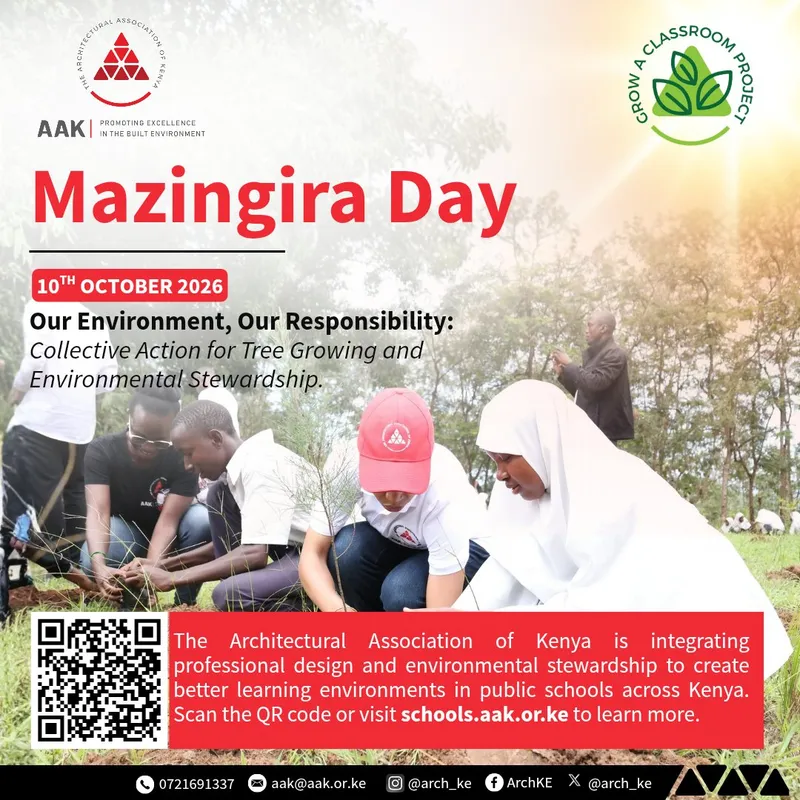Mazingira Day poster, 10 October 2026: Our Environment, Our Responsibility, with pupils and AAK members planting trees