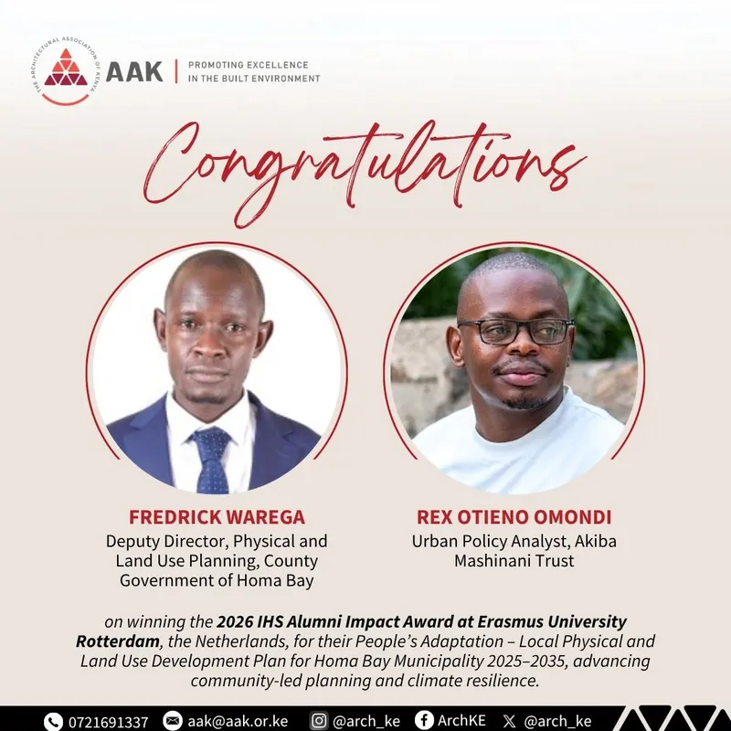 Congratulations card: Fredrick Warega and Rex Otieno Omondi, winners of the 2026 IHS Alumni Impact Award at Erasmus University Rotterdam