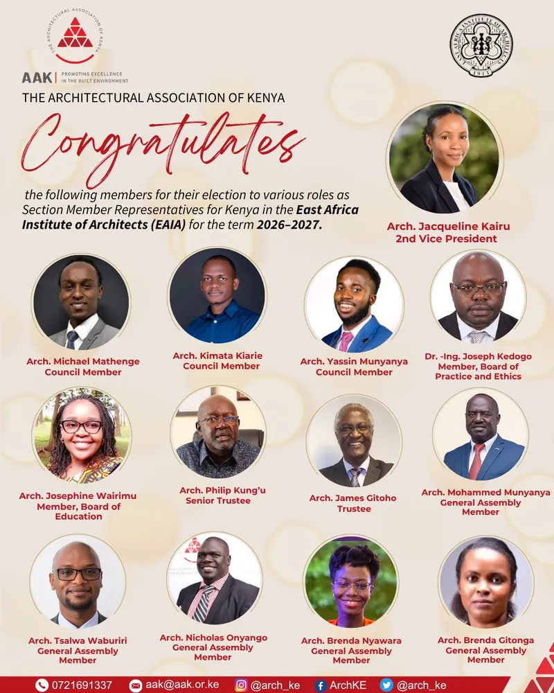 AAK congratulates the members elected as Section Member Representatives for Kenya in the East Africa Institute of Architects (EAIA) for 2026–2027