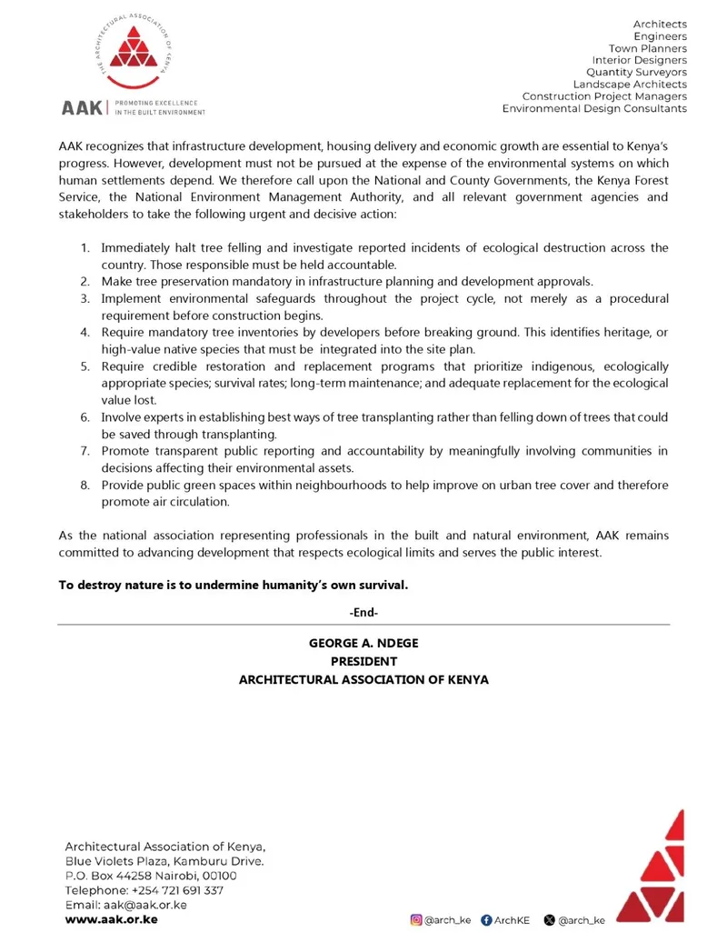 Page 2 of the statement, signed by George A. Ndege, President, Architectural Association of Kenya
