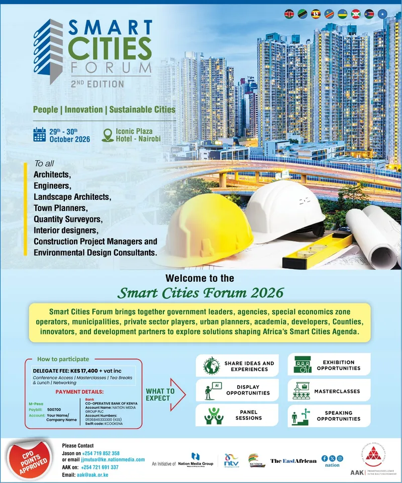 Smart Cities Forum 2026 flyer: 2nd edition, People | Innovation | Sustainable Cities, 29–30 October 2026 at the Iconic Plaza Hotel, Nairobi; delegate fee KES 17,400 VAT inclusive; CPD points approved