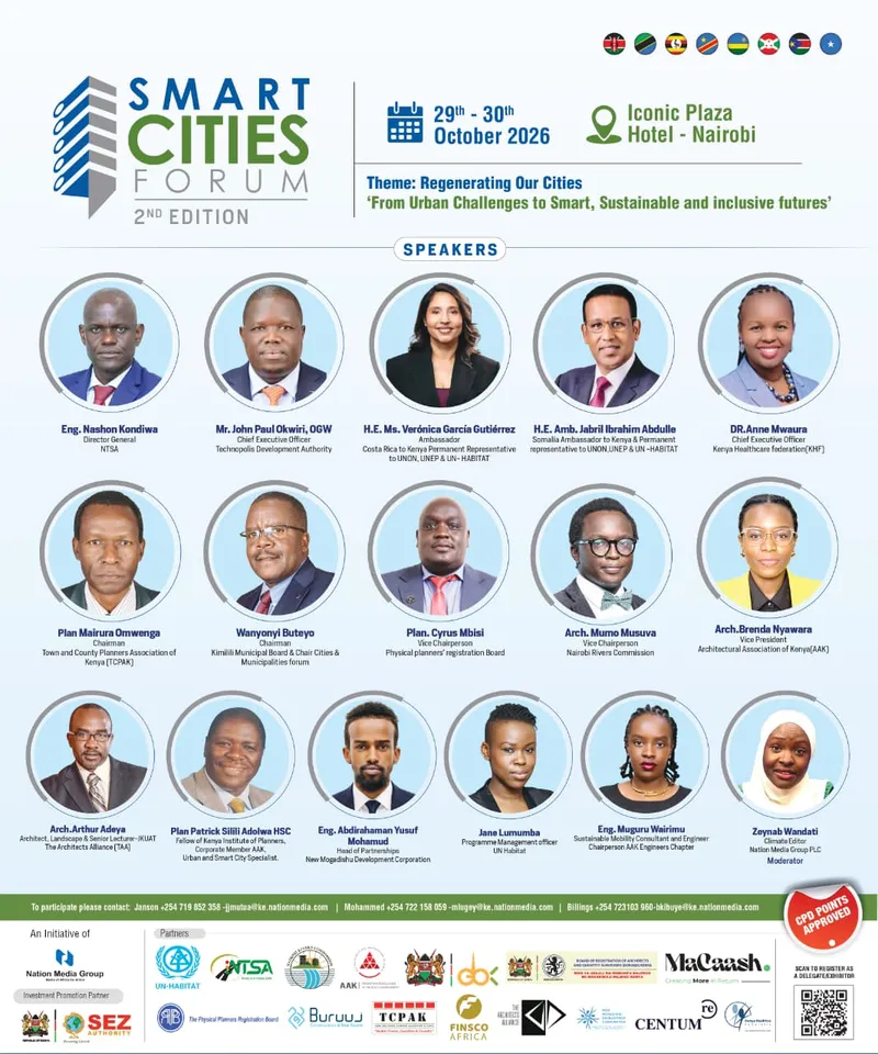Smart Cities Forum 2nd edition poster: 29–30 October 2026, Iconic Plaza Hotel, Nairobi. Theme: Regenerating Our Cities, “From Urban Challenges to Smart, Sustainable and inclusive futures”. Photos of the speakers, among them Arch. Brenda Nyawara, Vice President of AAK, with Zeynab Wandati of Nation Media Group as moderator; CPD points approved