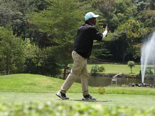 A tee shot beside the fountain pond