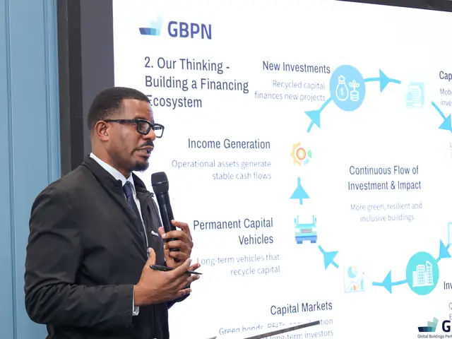 A speaker presents a slide on building a financing ecosystem