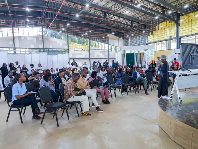 A full audience for a talk in the exhibition hall