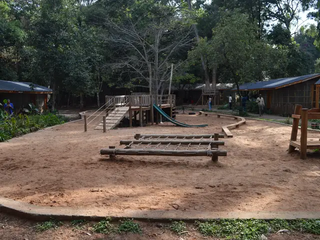 An open outdoor court with timber benches