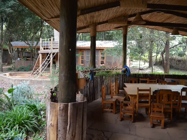 A covered outdoor room with timber tables